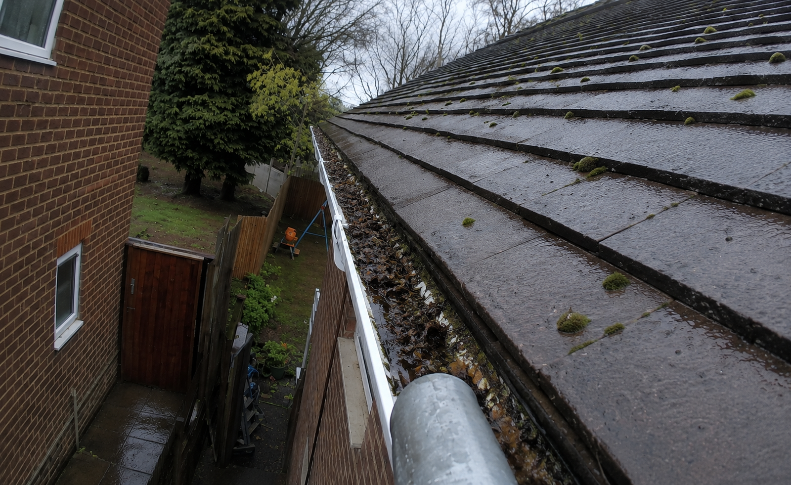 Before clearance: Heavy moss, silt, and plant growth choking a residential gutter channel in Birmingham