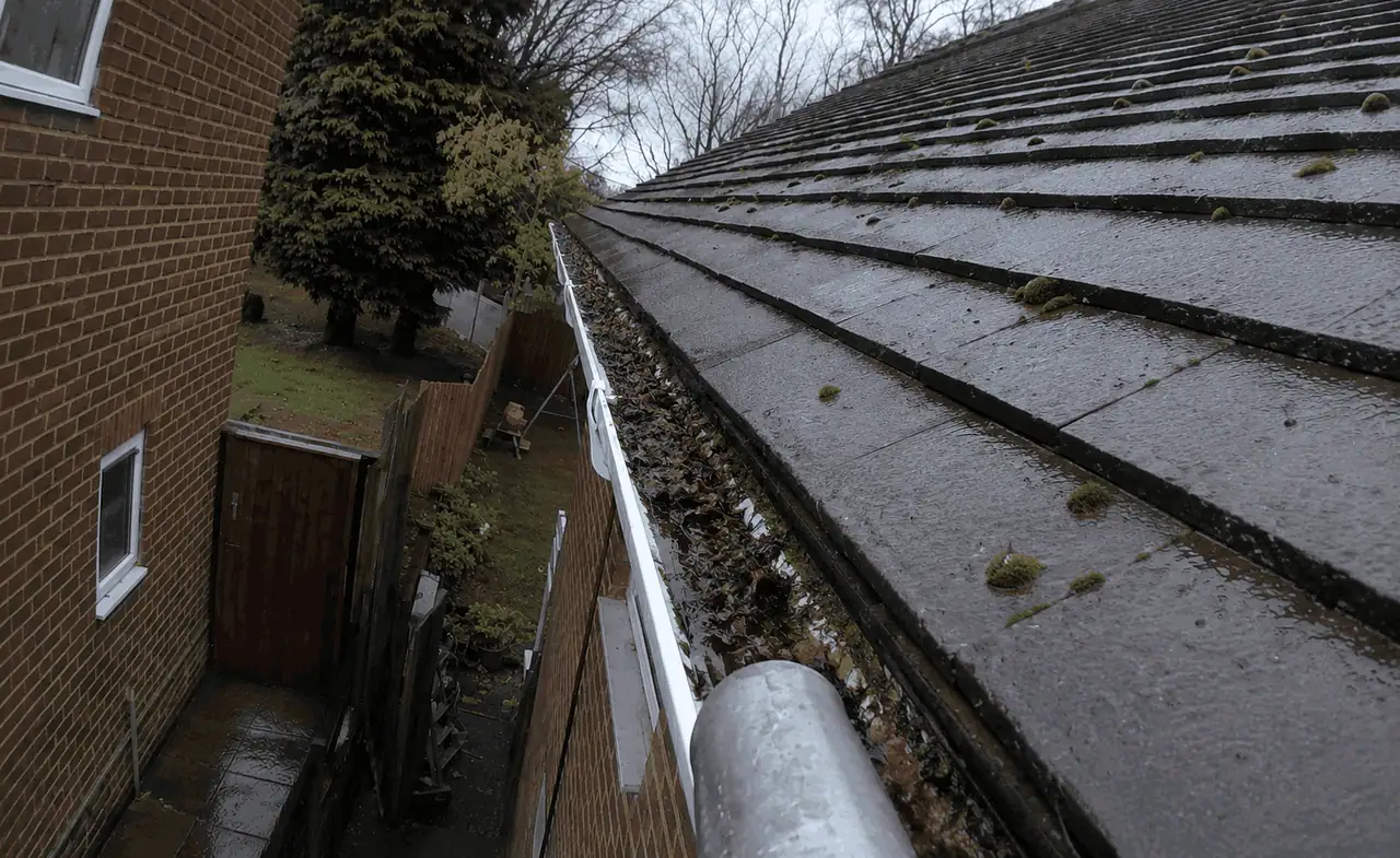 Gutter blocked with leaves, moss and silt