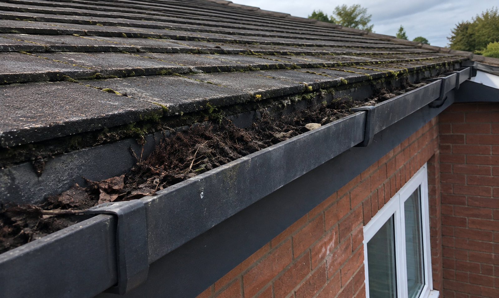 Before gutter cleaning Birmingham — blocked gutter with leaf and debris accumulation