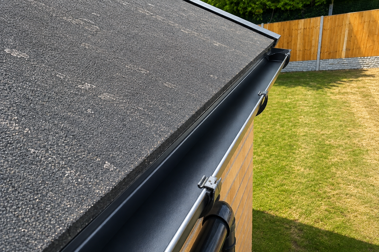 After gutter cleaning using ground-based vacuum system showing completely clear gutter channel