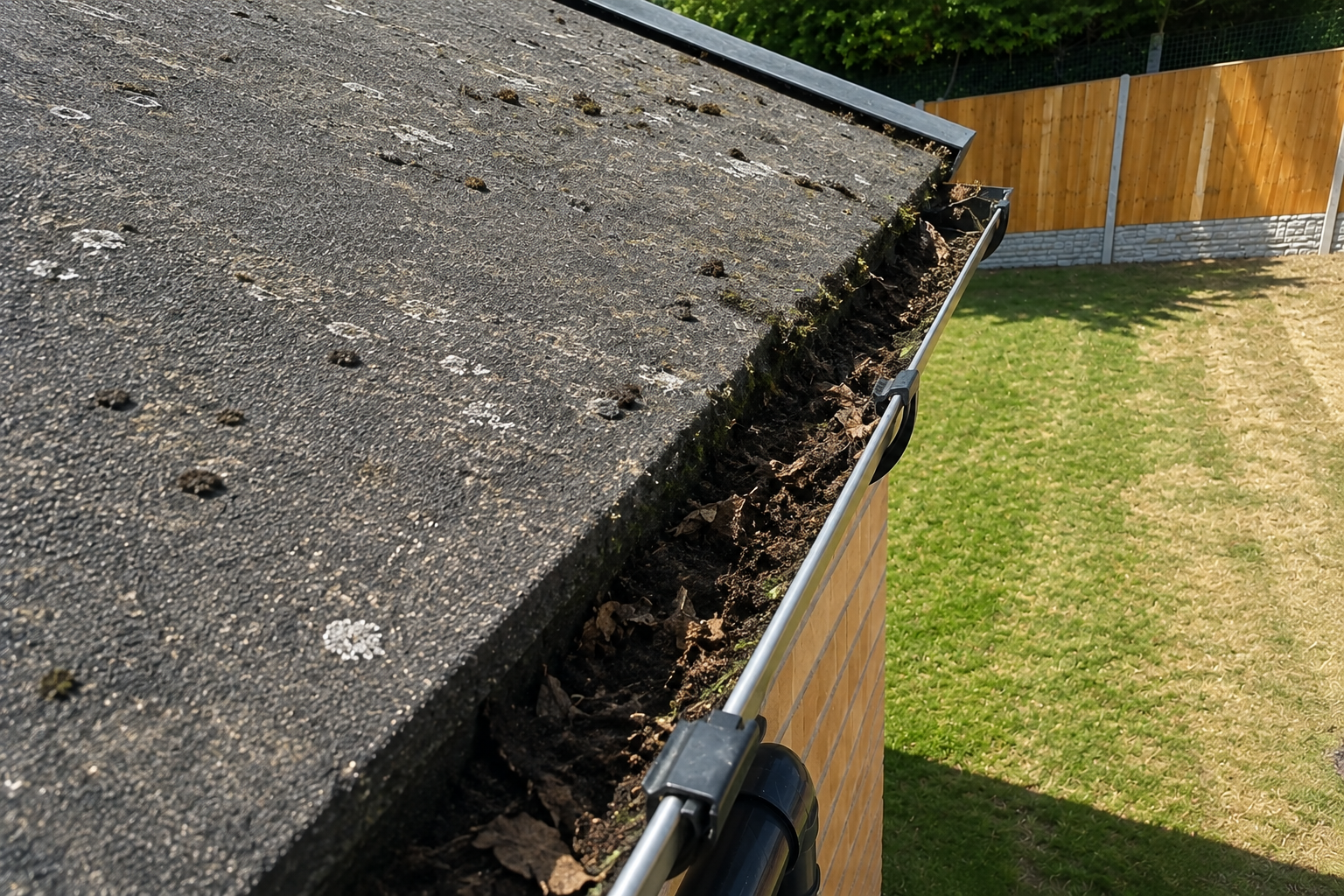 Before gutter cleaning showing heavy silt, moss, and debris accumulation in gutter channel