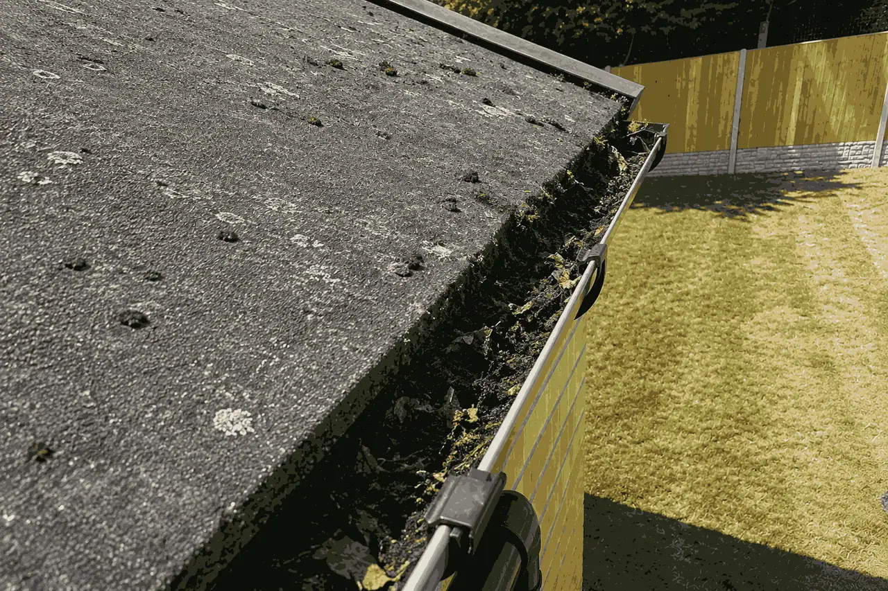 Before gutter cleaning showing heavy silt, moss, and debris accumulation in gutter channel