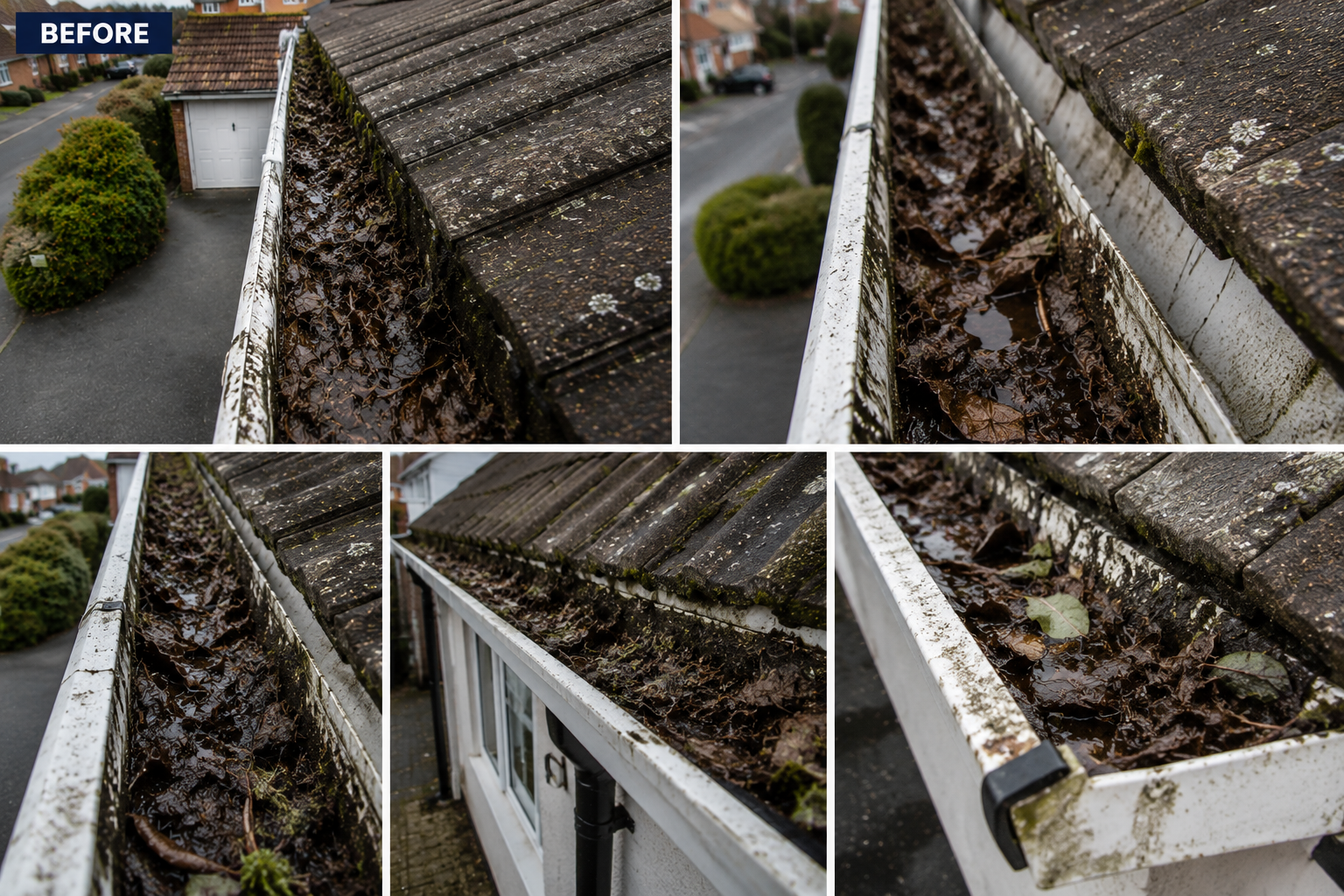 Standing water and dark waterlogged organic sludge in warehouse box gutter channel alongside compacted silt