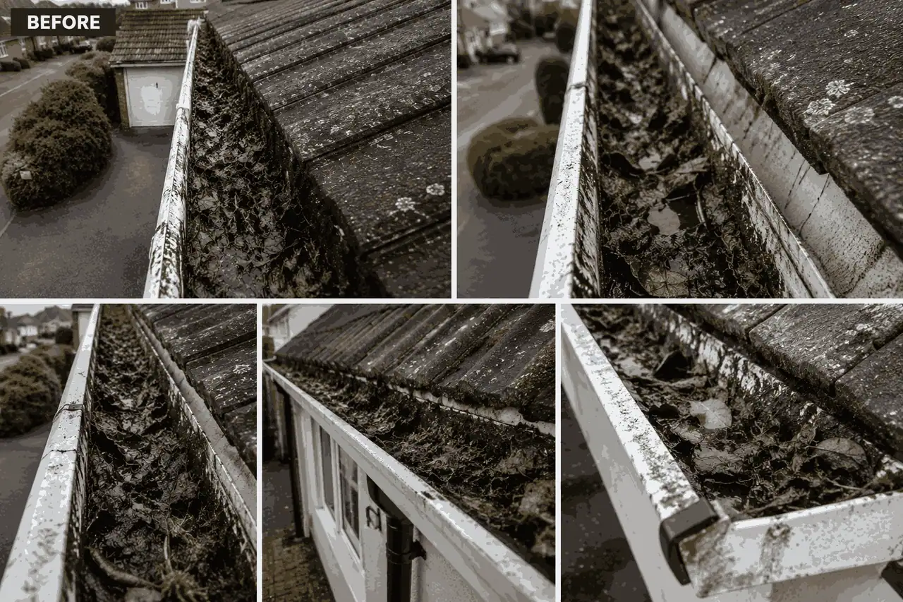 Standing water and dark waterlogged organic sludge in warehouse box gutter channel alongside compacted silt