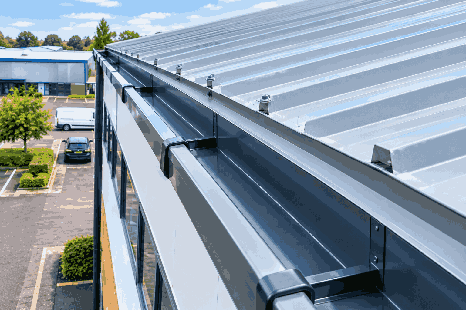 Clean, fully cleared commercial gutter channel following professional vacuum extraction