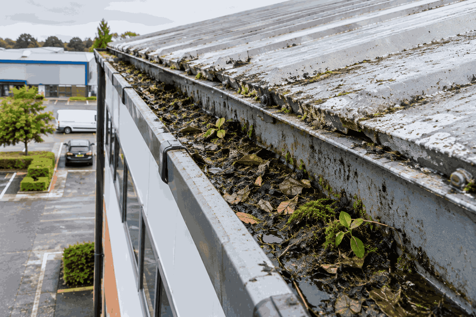 Heavily accumulated debris and silt in a commercial school gutter run before cleaning