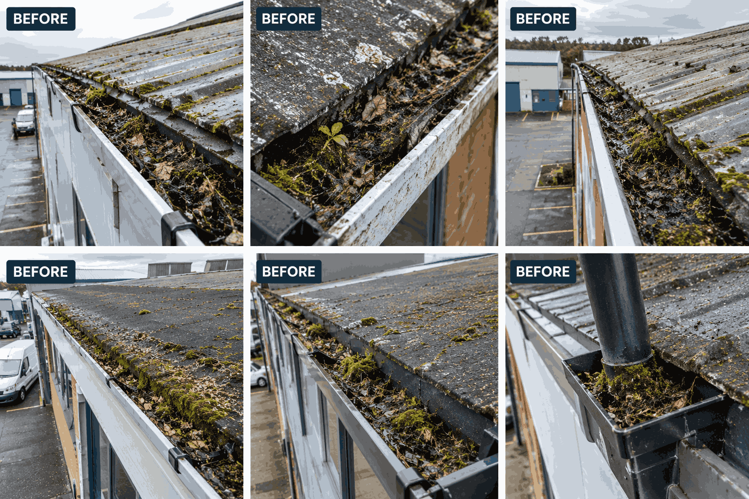 Commercial property roofline and guttering showing high-level access and varied structural profiles