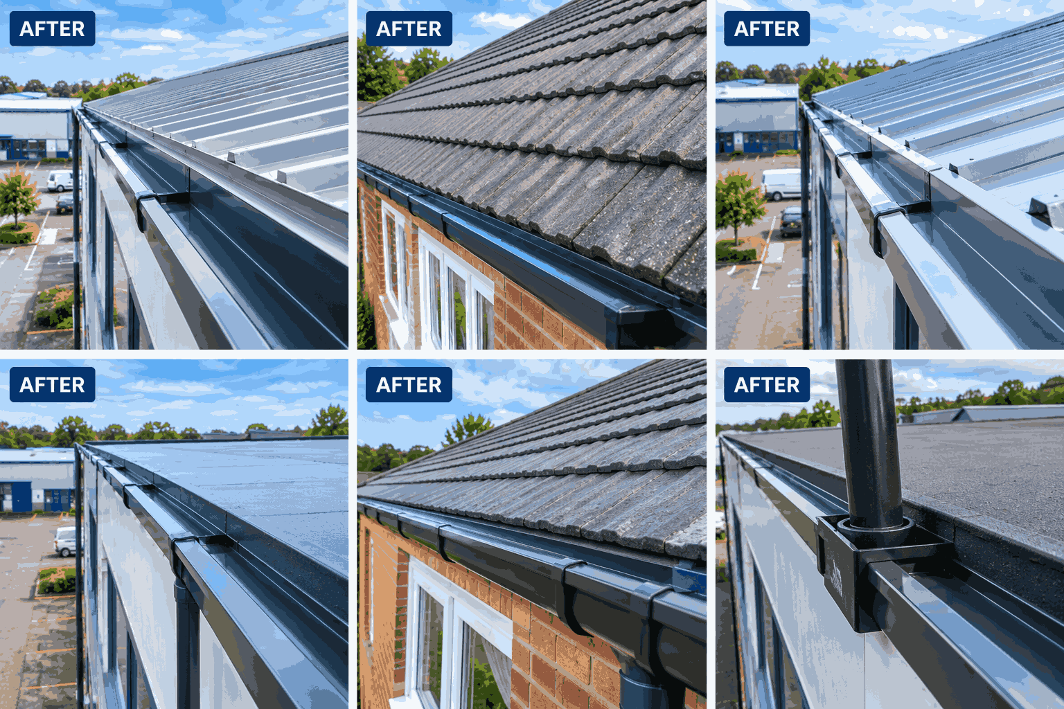 Close-up inspection of commercial roof drainage channel and downpipe outlets