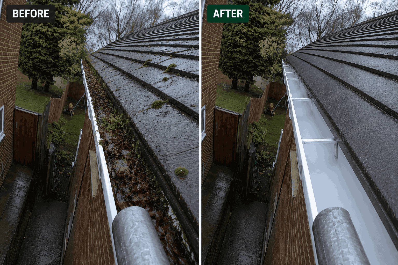 Rotting timber fascia board damaged by repeated gutter overflow behind the channel