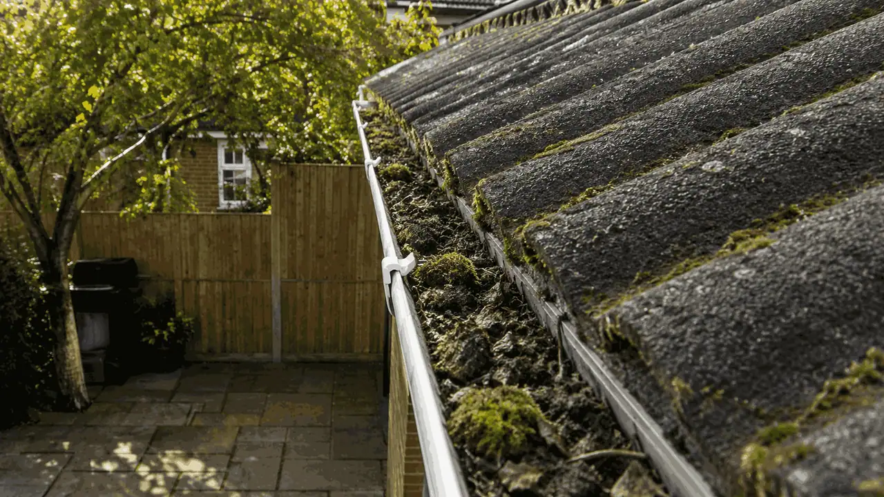 Before gutter cleaning Ladywood B16 Birmingham — urban silt and debris compaction in blocked gutter channel