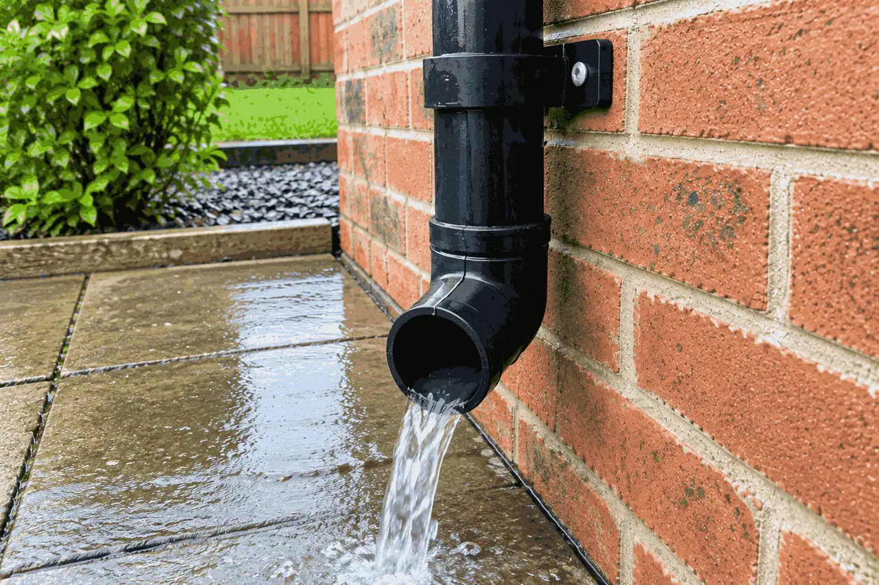 Completely cleared and flow-tested downpipe and clean guttering