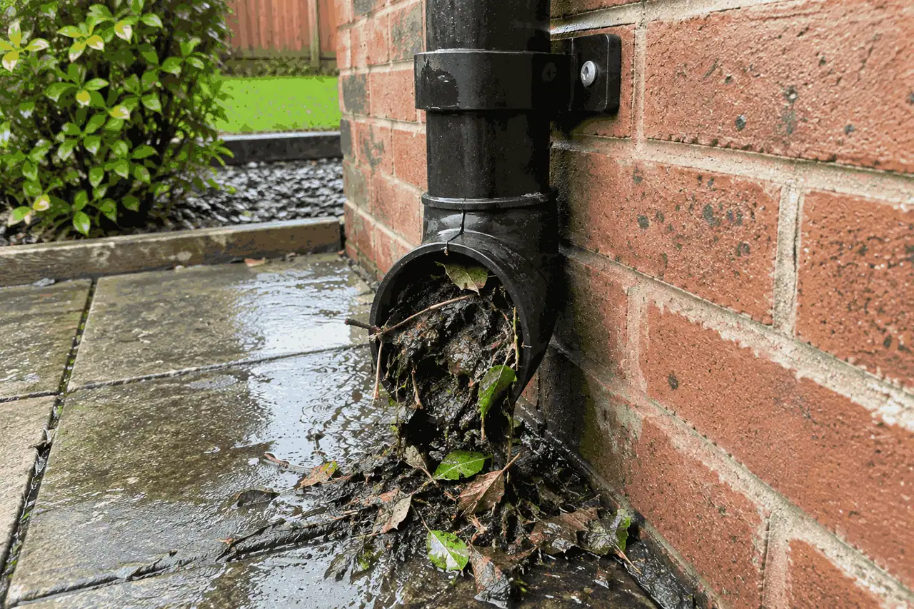 Severely blocked downpipe choked with compacted moss, silt and autumn leaves