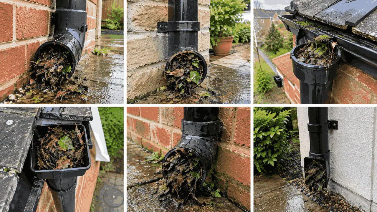 Camera inspection revealing heavy debris restriction inside downpipe bend