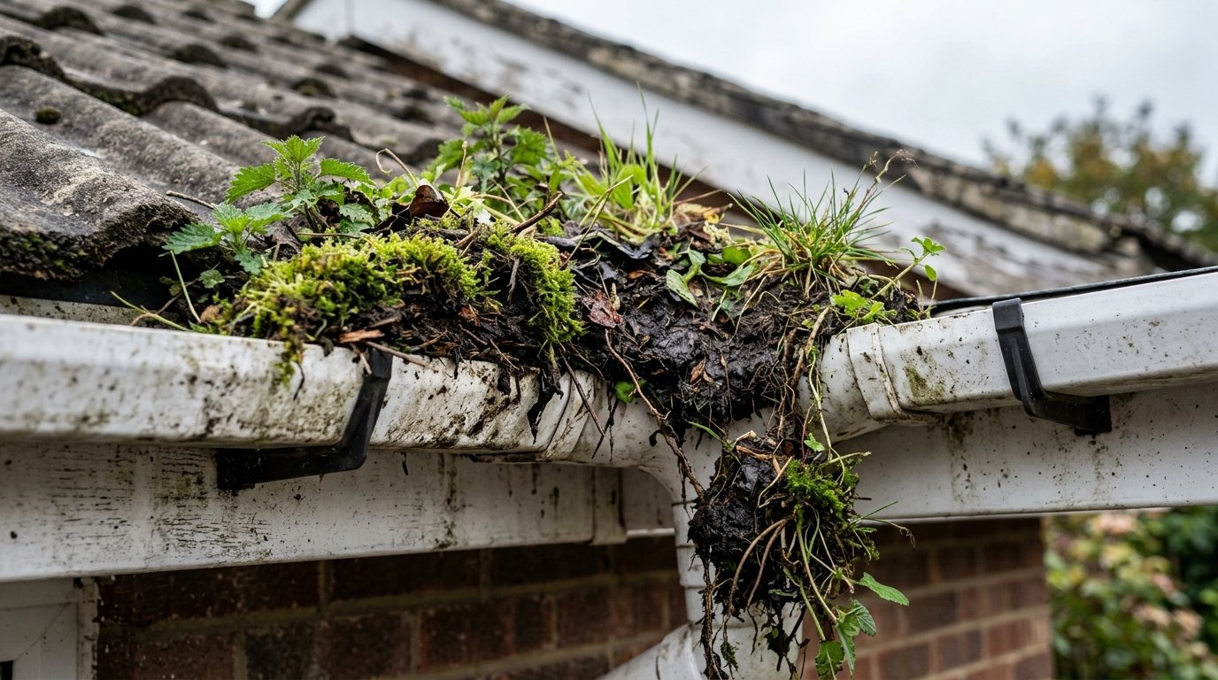 Severe weed, moss and soil blockage choking uPVC guttering on a Birmingham property