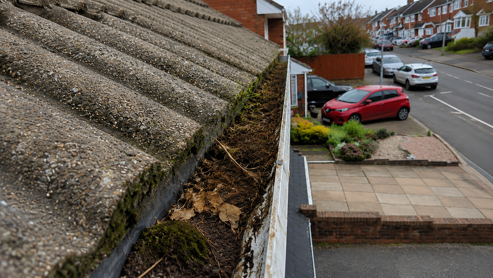 Before gutter cleaning showing compacted silt and heavy moss covering the gutter channel floor