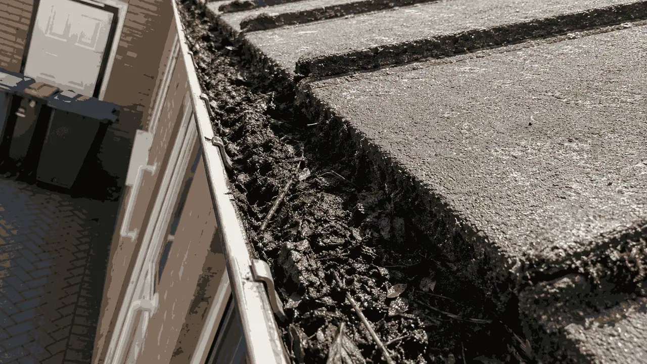 Before gutter cleaning — summer debris accumulation visible in Birmingham property