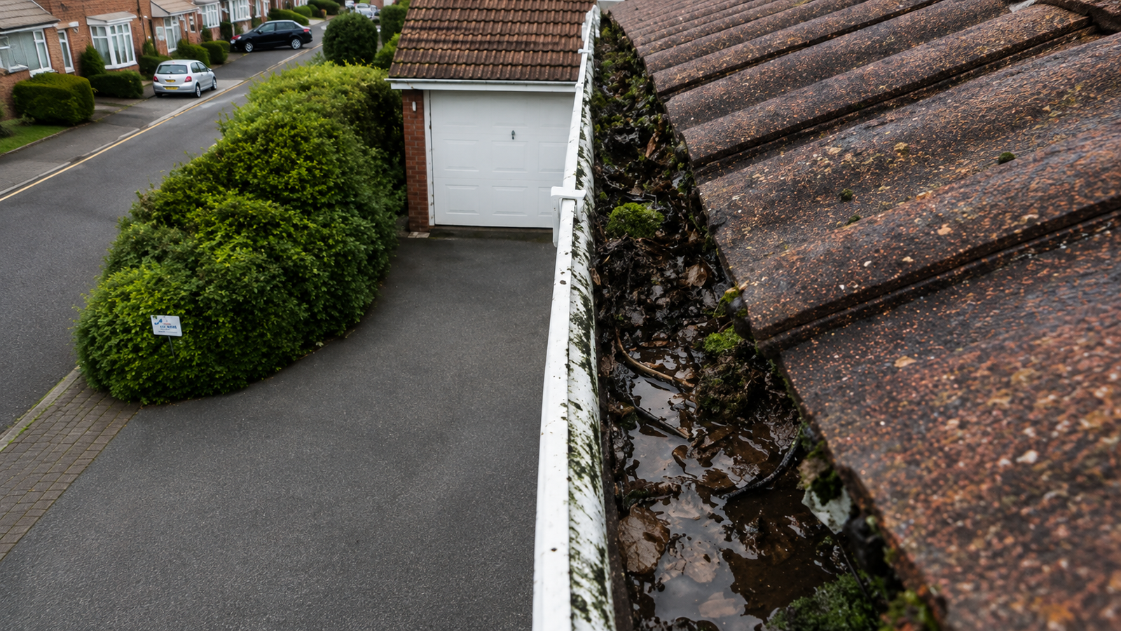 Before gutter cleaning — compacted debris and leaf matter blocking a Birmingham gutter channel