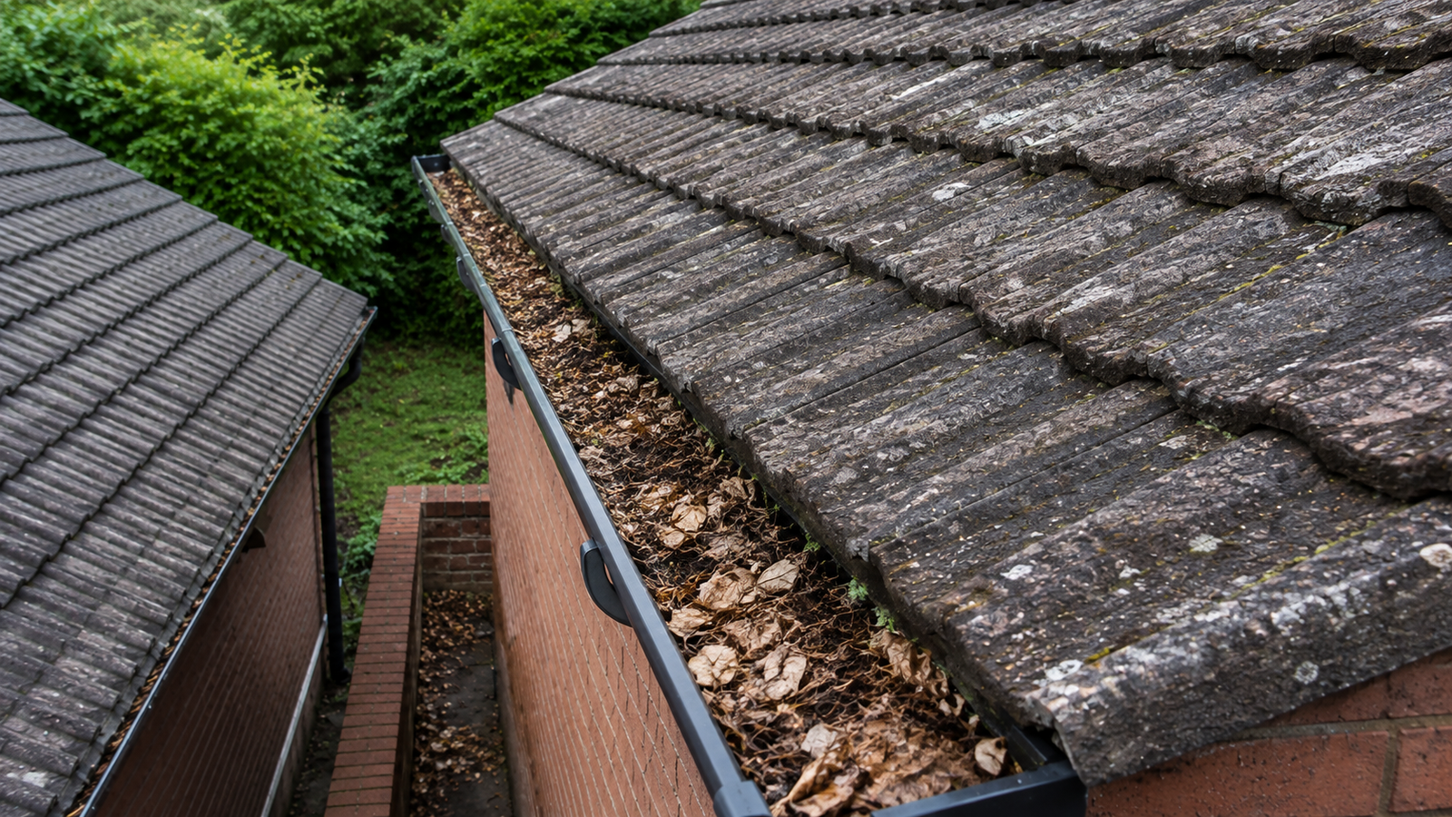 Summer gutter debris Birmingham — seed matter and moss in gutter channel before professional cleaning Wow Gutters Ltd