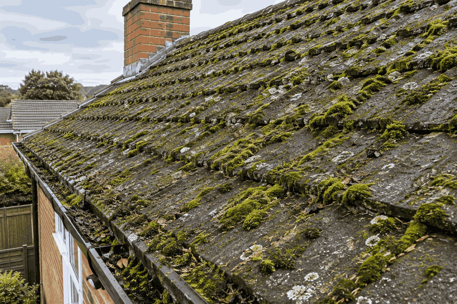 Roof tiles covered in heavy moss clumps before clearance in Birmingham