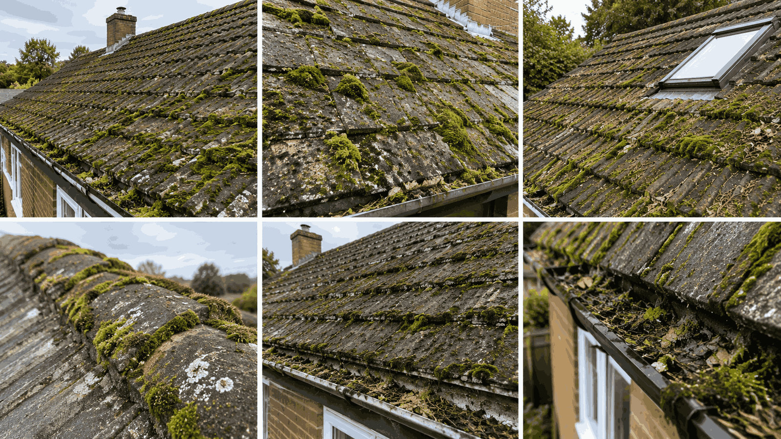 Roofline and gutter showing moss fallout and inspection in Birmingham