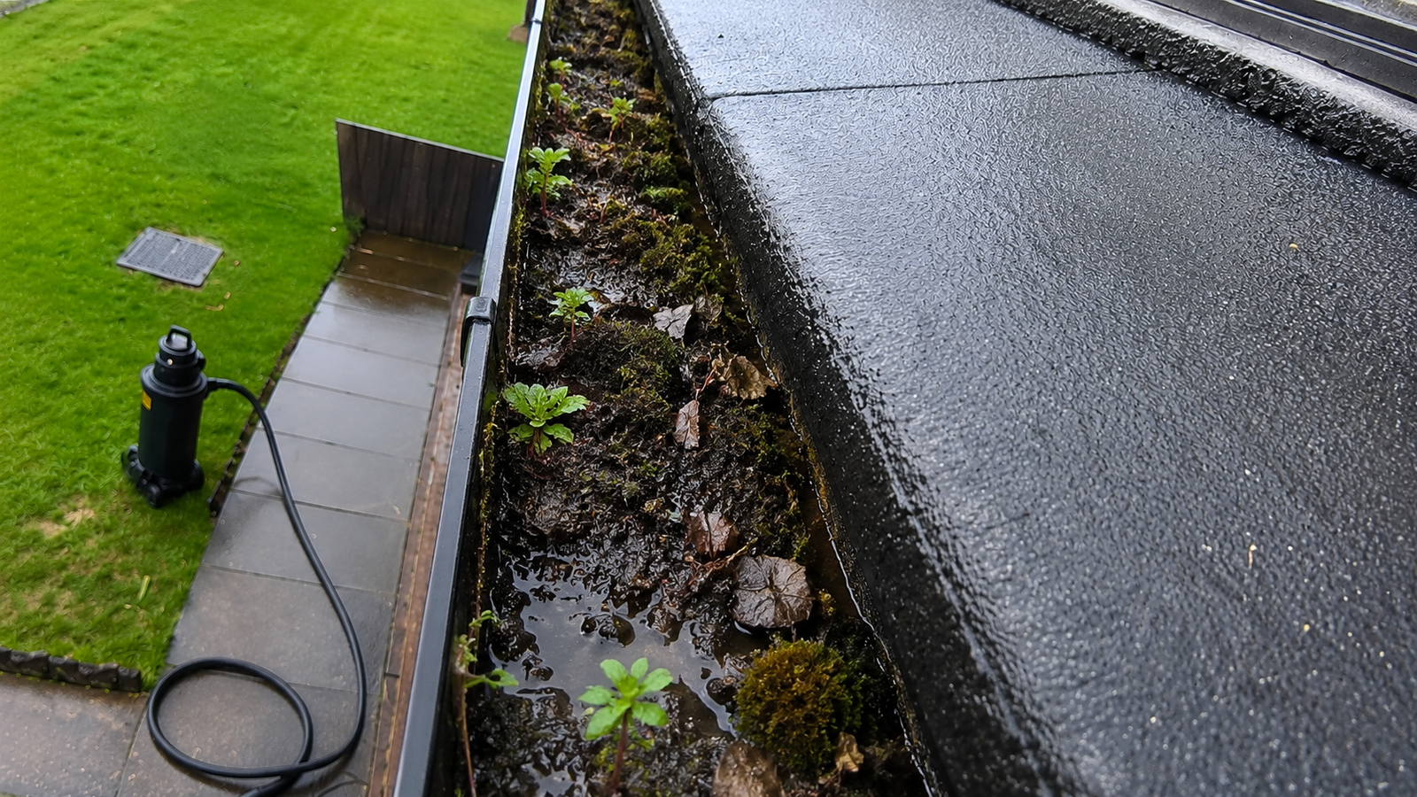 Severely blocked gutter with weeds, moss, and standing silt causing chronic overflow before professional clearance