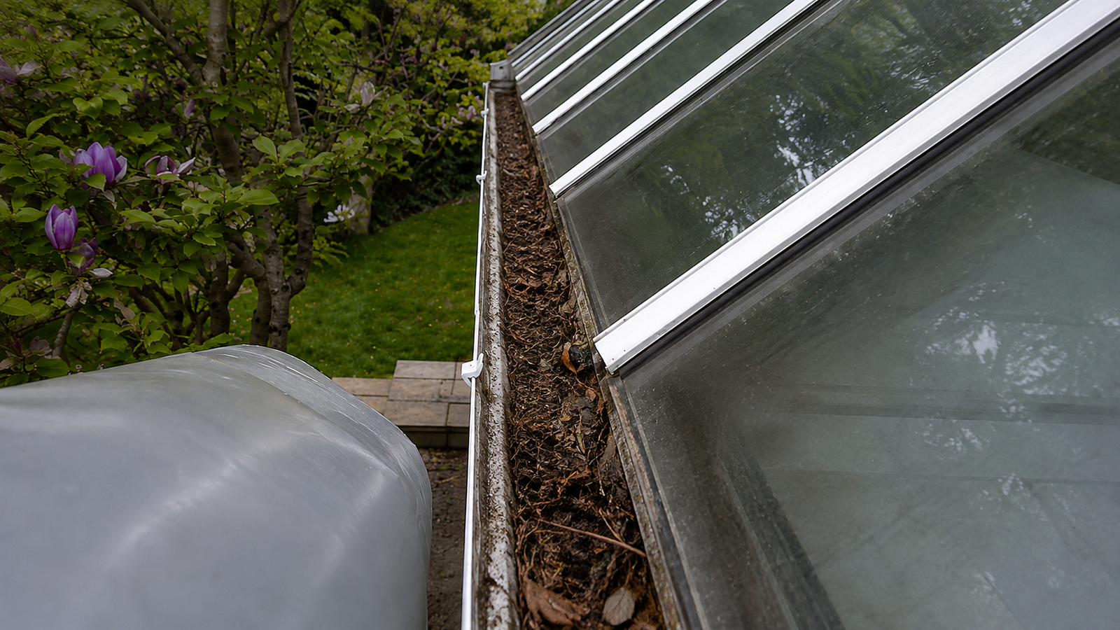 Before gutter cleaning — gutters packed with compacted autumn leaves, moss, and debris