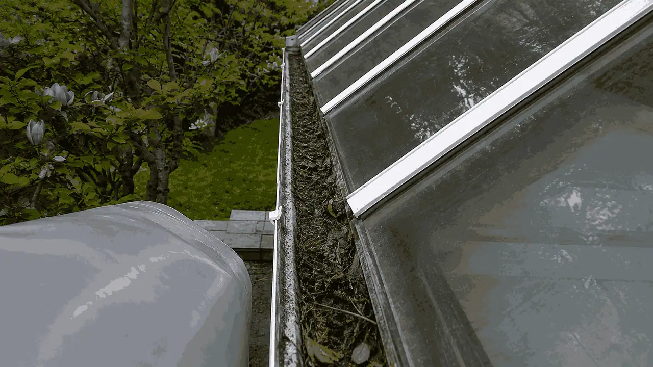Before gutter cleaning — gutters packed with compacted autumn leaves, moss, and debris