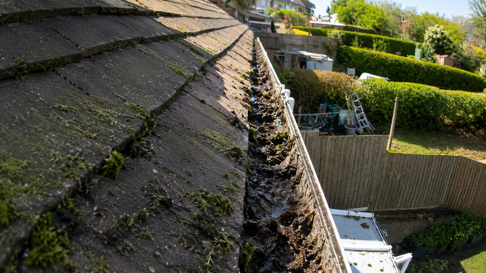 Before Victorian gutter cleaning showing cast iron channel heavily blocked with compacted mud and weeds
