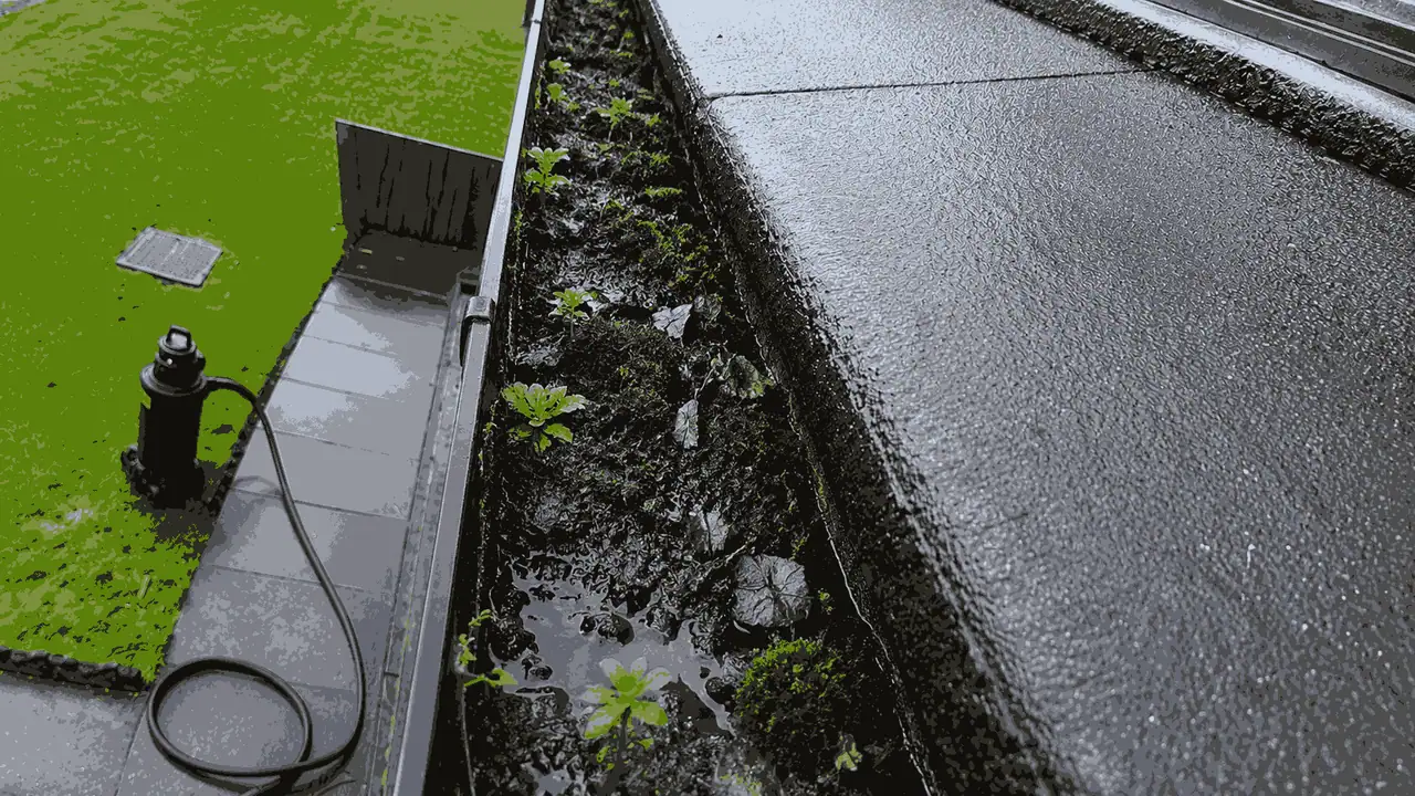 Heavily blocked gutter with accumulated dirt and moss in Wolverhampton before vacuum clearance