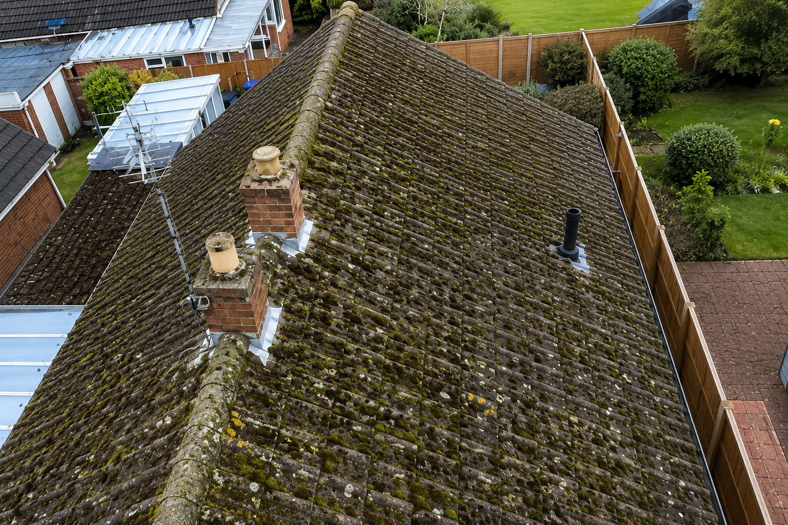 Before roof cleaning in Dudley — heavy moss, green algae and lichen covering roof tiles on a Dudley semi-detached, WOW Gutters West Midlands 2026