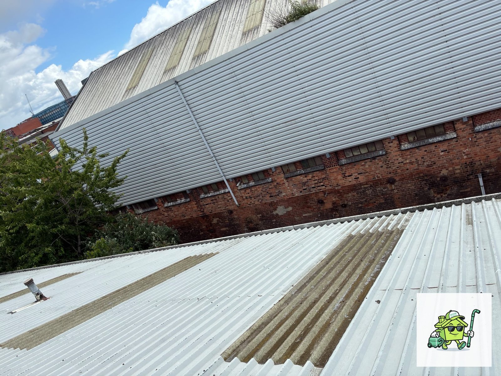 Algae streaking on corrugated warehouse roof surface — sign of persistent moisture tracking Birmingham