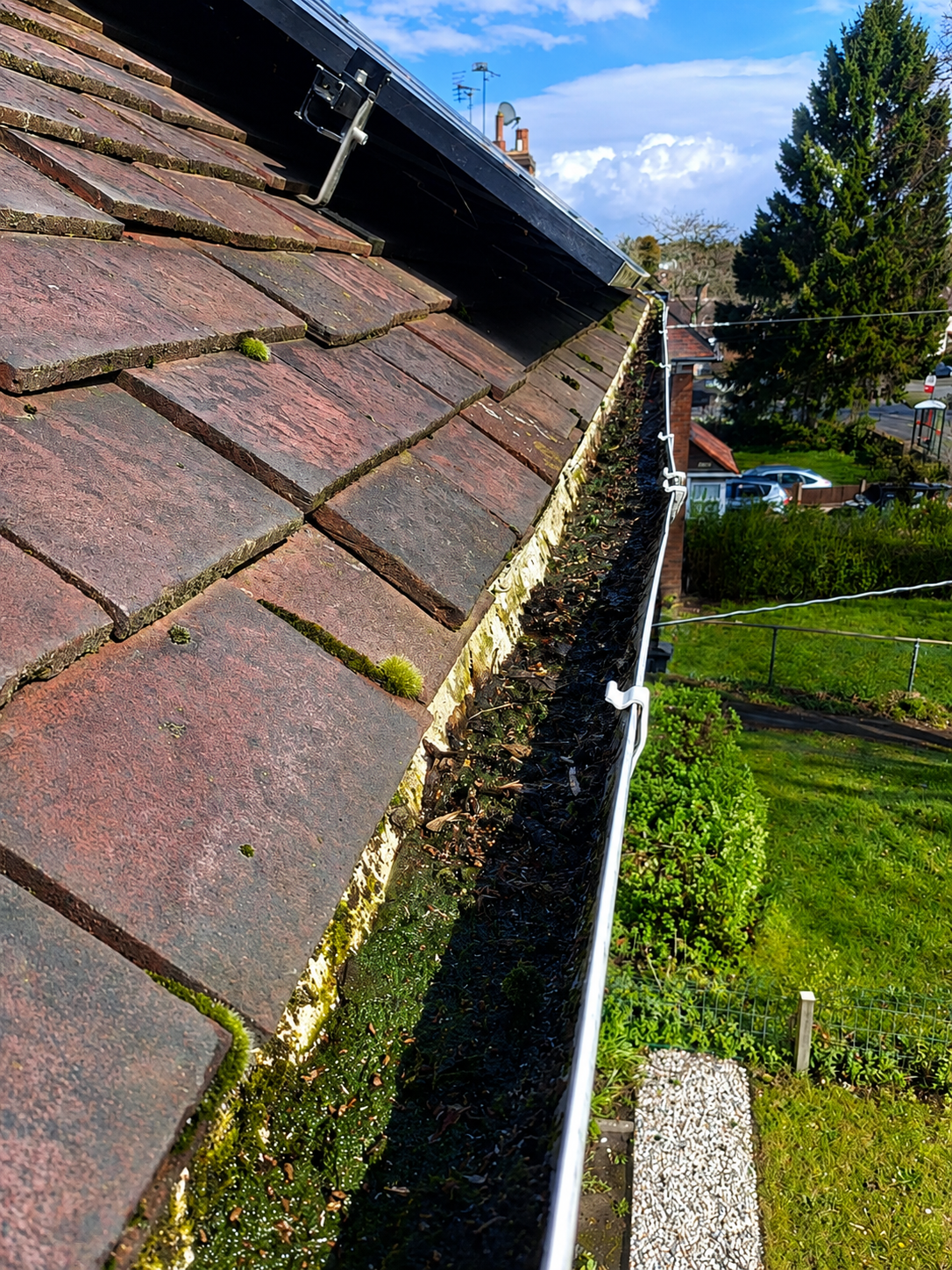 Before gutter cleaning in Walsall — gutter packed with moss, autumn leaves and compacted debris, WOW Gutters 2026